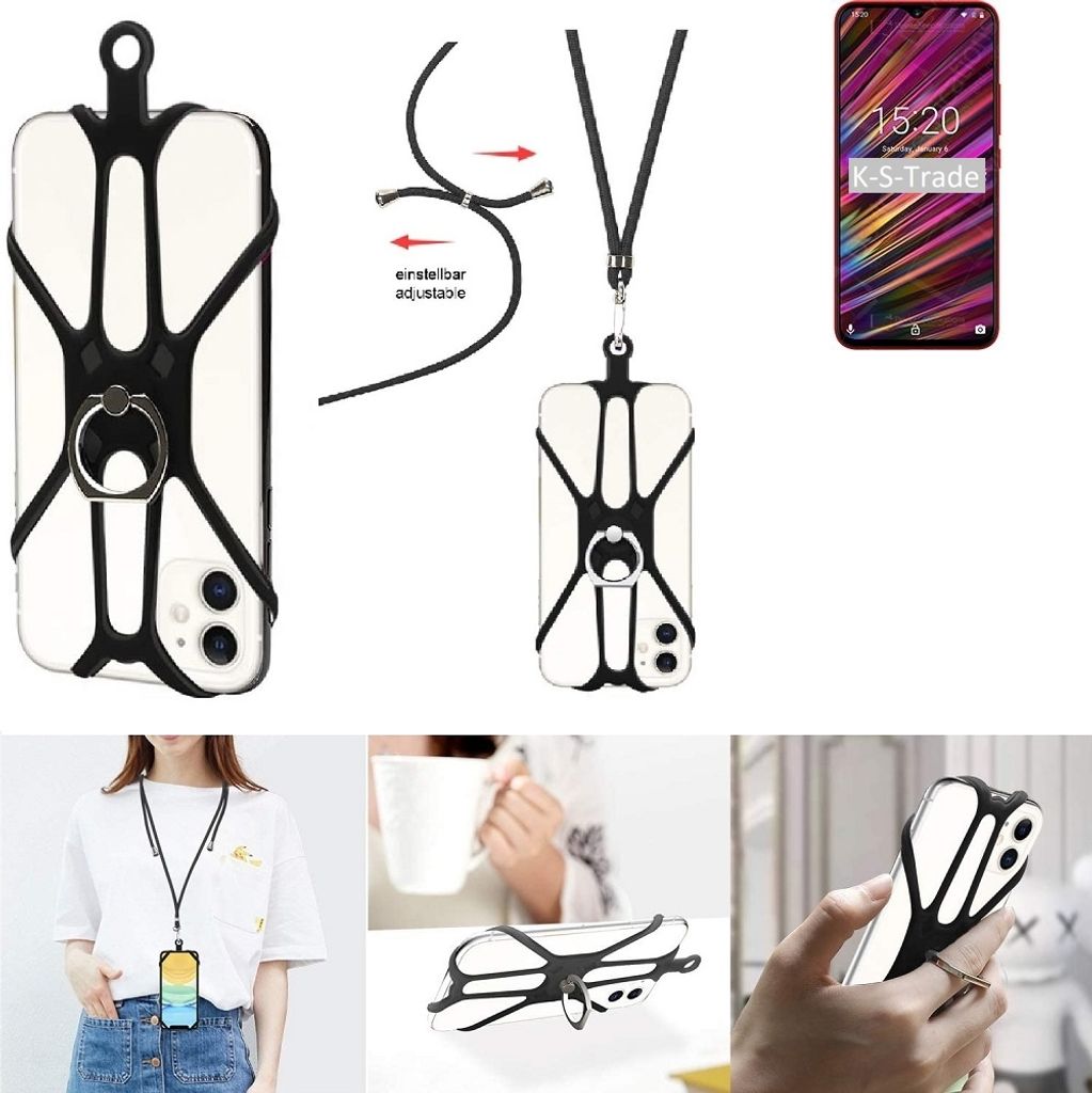 K-S-Trade 3in1 Handykette Handyband Handykordel Halsband Smartphone-Ring Handy-Ring kompatibel mit UMIDIGI F1 Fingerhalterung Handyring Tischständer