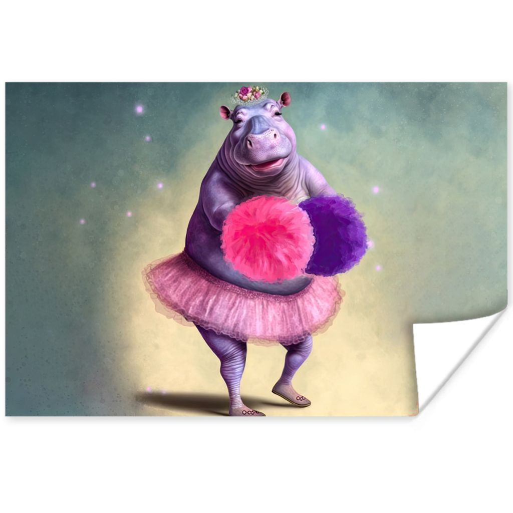 MuchoWow Poster Nilpferd - Blumen - Ballerina - Pompons - Porträt 120x80 cm - Bilder