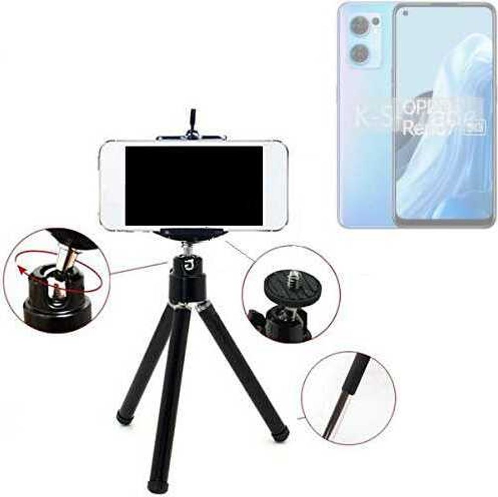 K-S-Trade Smartphone Stativ Dreibein kompatibel mit Oppo Reno7 5G Tripod aus Aluminium Klemmstativ Stativ Adapter für Mobiltelefone schwarz 1x