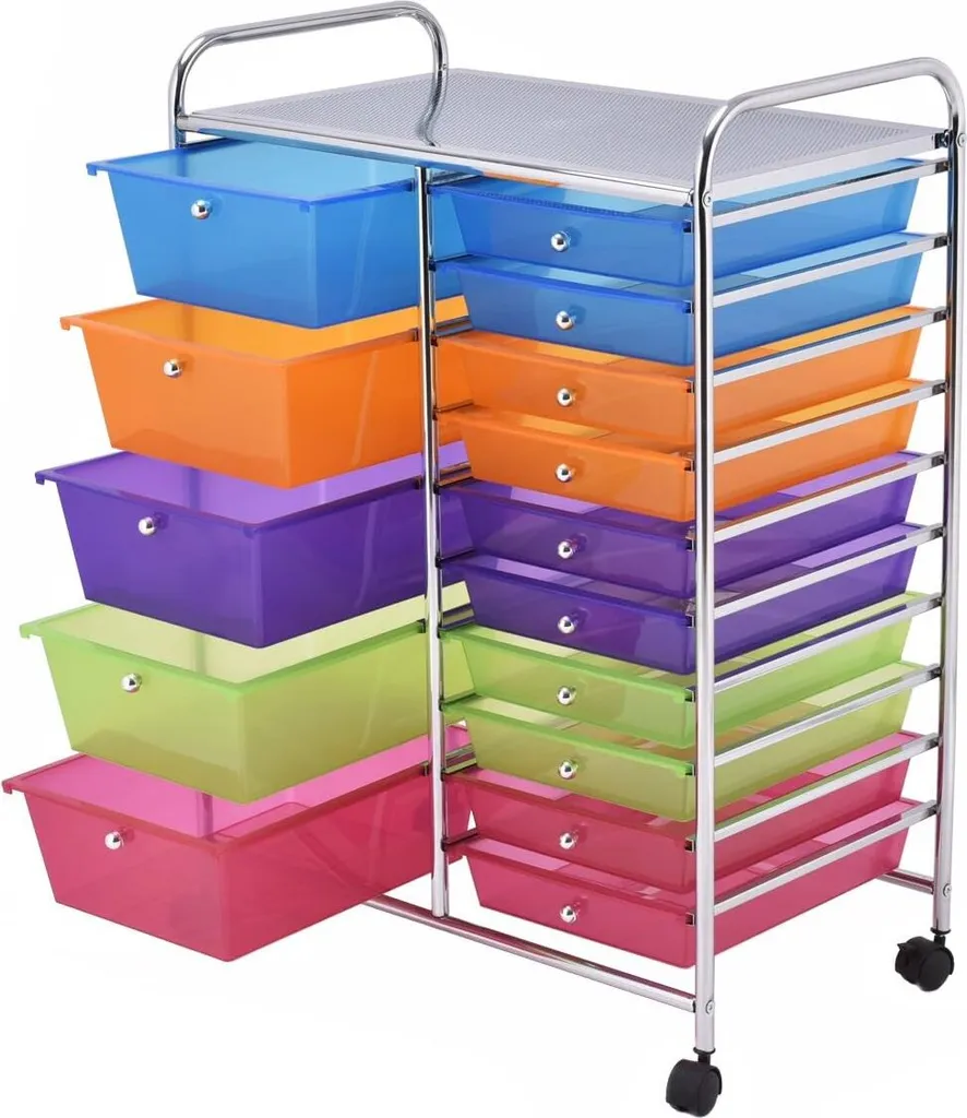 COSTWAY Chariot de Rangement avec 15 Tiroirs Mobiles Multicolore 87cm