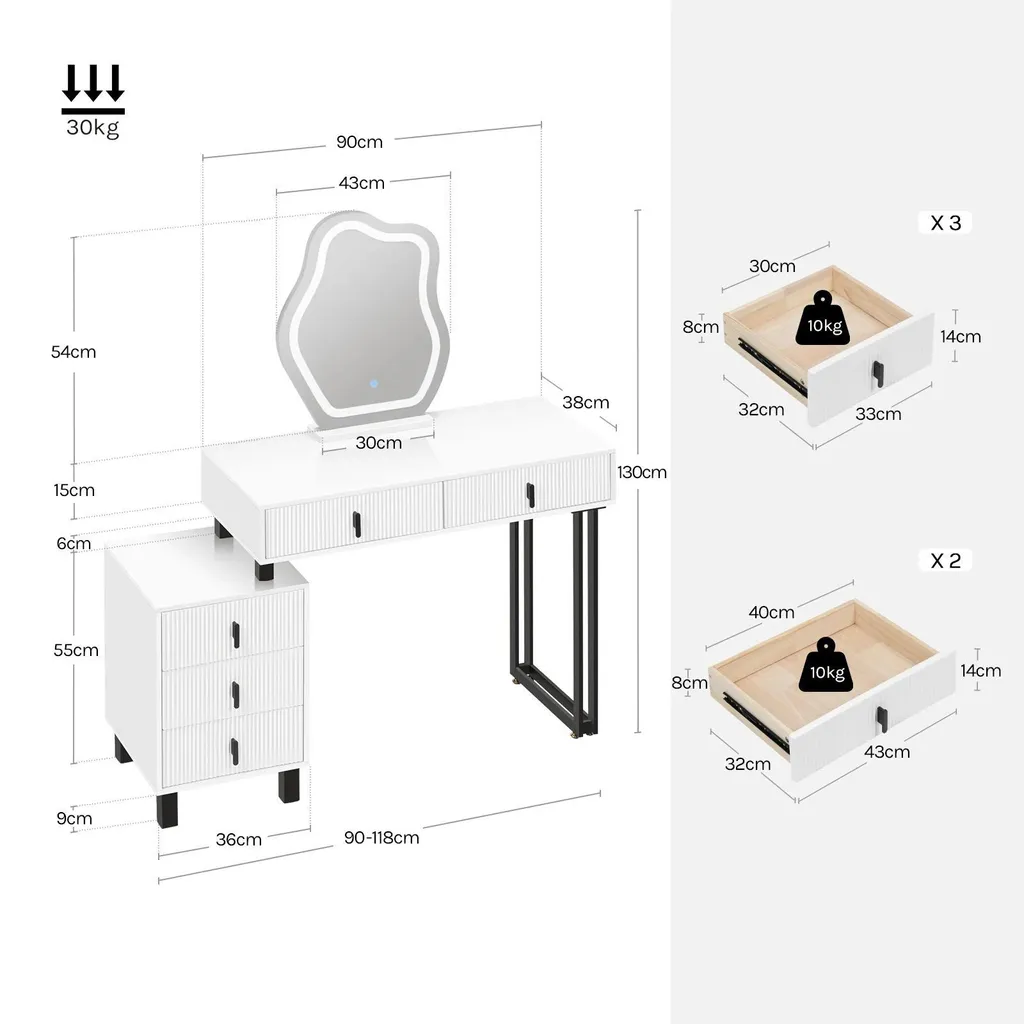 Coiffeuse avec miroir asymétrique et éclairage LED réglable - Blanc - 6