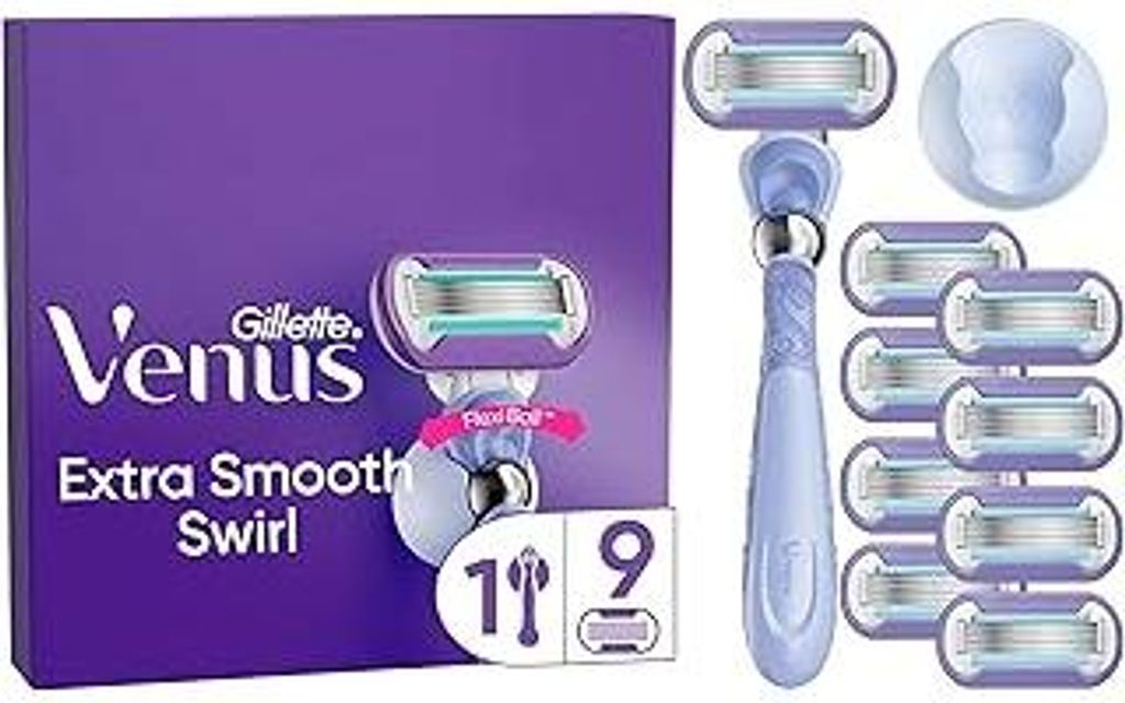 Gillette Venus Extra Smooth Swirl Damenrasierer, 9 Ersatzklingen, Schwenkbares Handstück und Duschhalterung