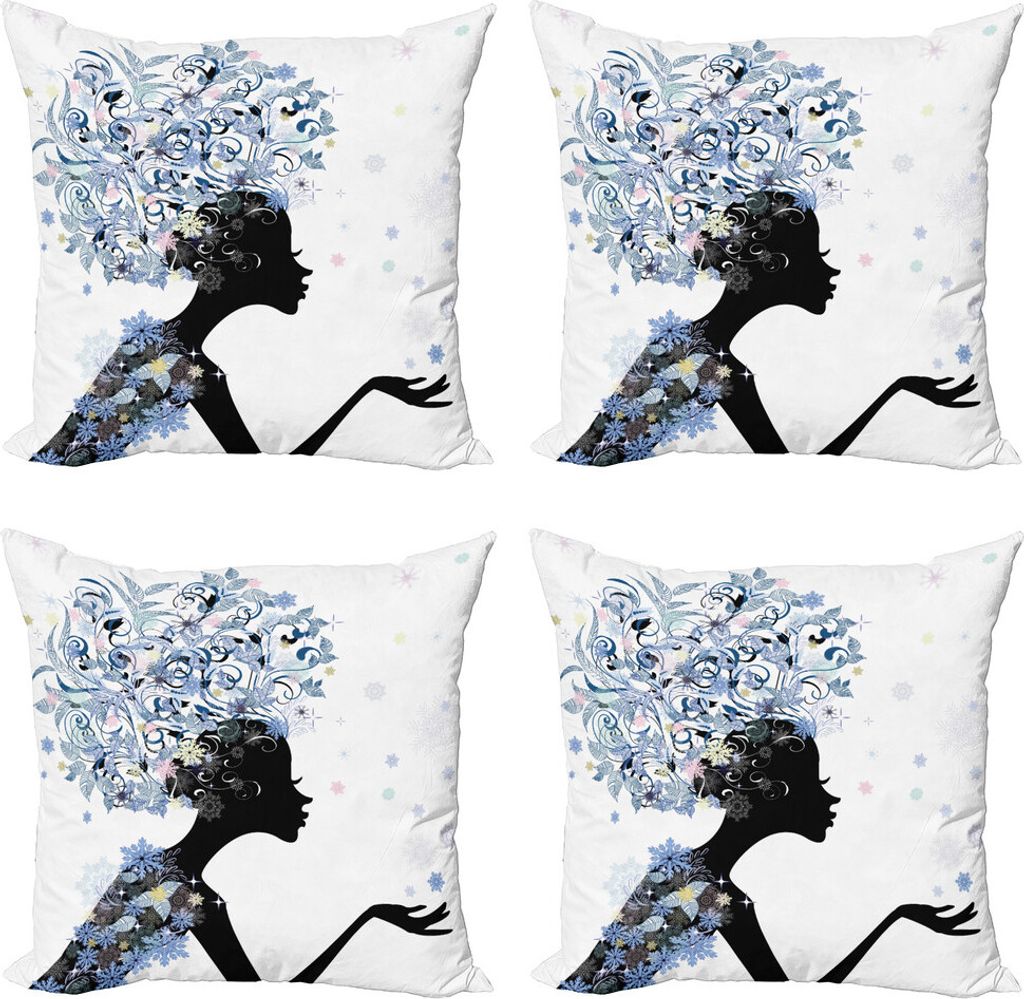 ABAKUHAUS Retro Kissenbezug Set (4 Stück), Blumen behaarte Schneeflocken, Moderner Doppelseitiger Digitaldruck, 45 cm x 45 cm, Schiefer-Blau und S...