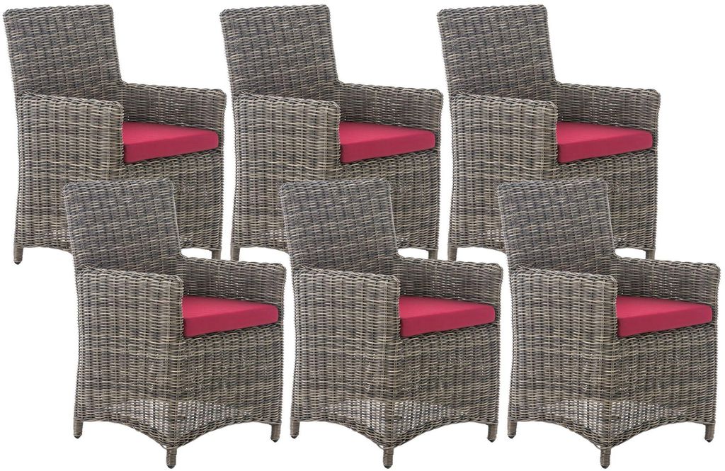 CLP Gartenstuhl 6er Set Fontana, Polyrattan Gartenstühle, Hochlehner mit Sitzkissen, Farbe grau-meliert Polsterfarbe Rubinrot
