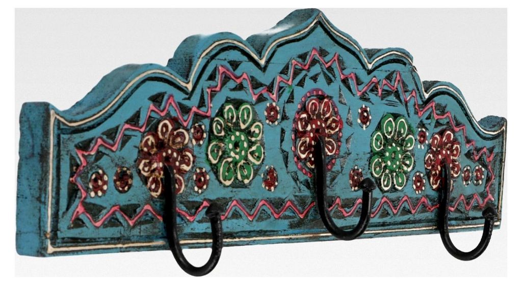 Dreifach Garderobenhaken aus Holz - Blau, 13x38x6 cm