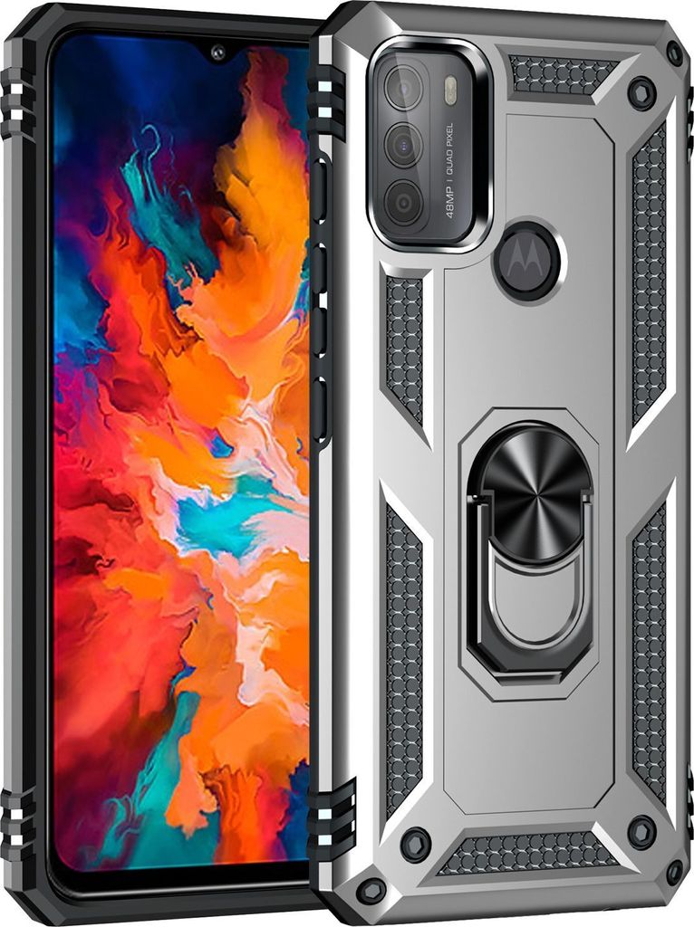 Mobigear Armor Ring Motorola Moto G50 Hülle Hardcase Backcover Stoßfest mit Ringhalter - Silber
