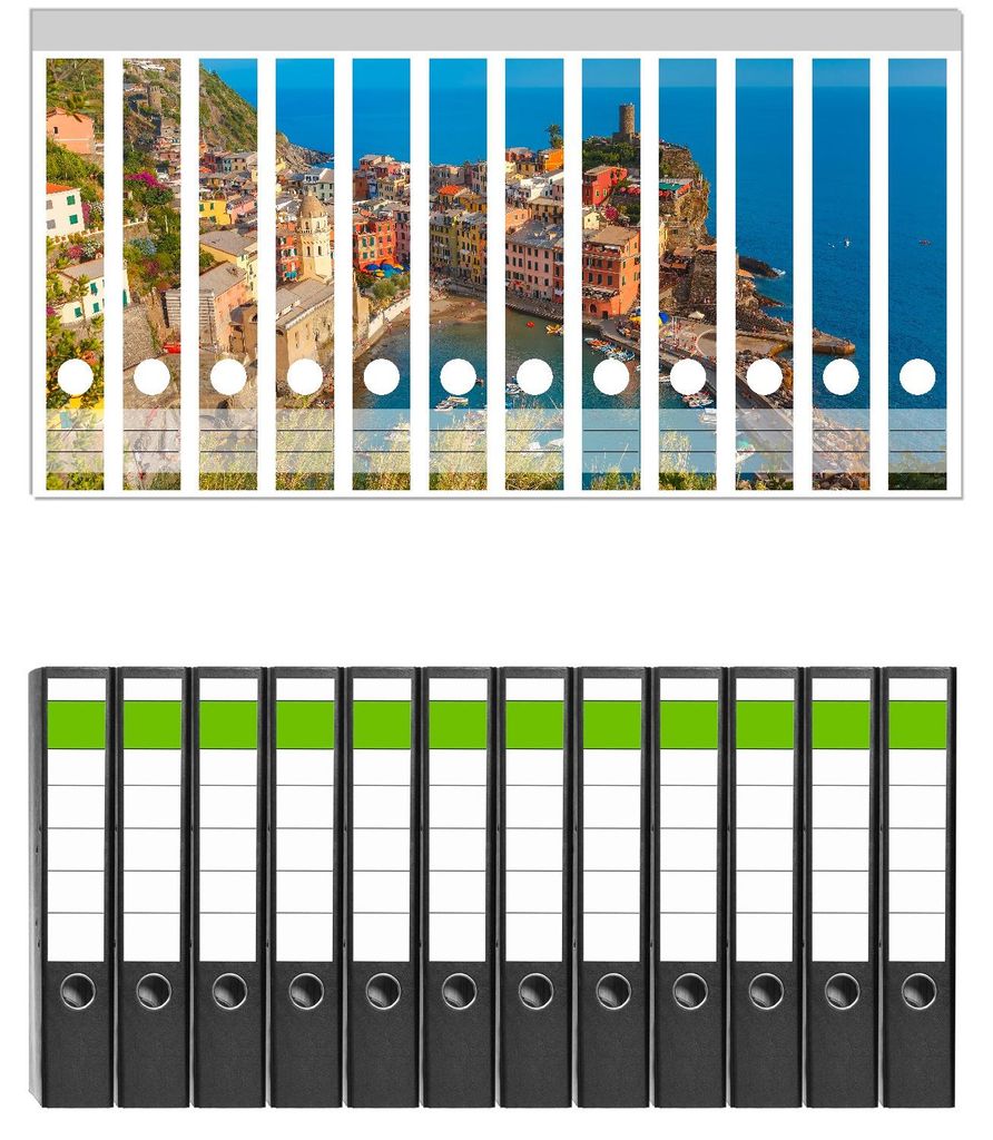 Wallario 12 Stück schmale Ordner inkl. Klebeetiketten mit Motive Farbenfrohes Küstendorf am Mittelmeer - Set mit Rückenschildern / Ordnerrücken...