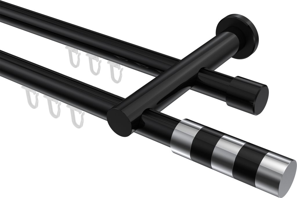 Interdeco Innenlaufstange / Gardinenstange mit Innenlauf Schwarz, Typ Platon Mavell (Zylinder Bicolor), 20 mm Ø 2-läufig, 220 cm