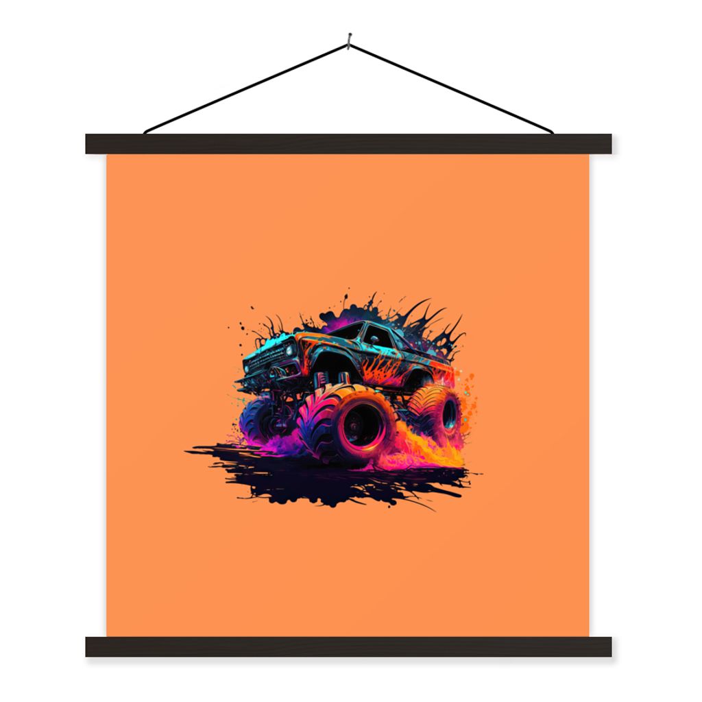 MuchoWow Textilposter Monstertruck - Design - Neon - Auto 120x120 cm mit schwarzem Rahmen - Aufhängungsset