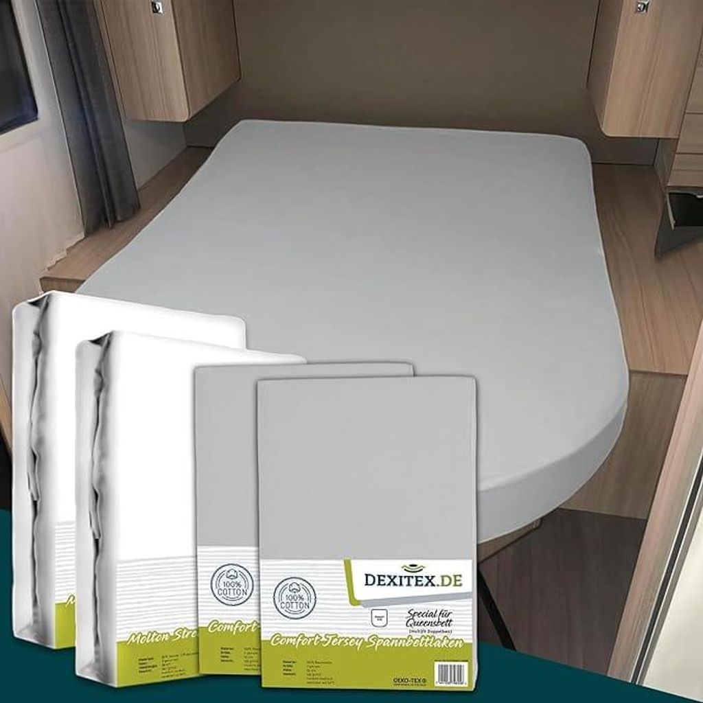 Dexitex Jersey-Spannbettlaken 4er Set – 2 Molton + 2 Spannbettlaken für Queensbett 135–160x210 cm – Wohnmobil & Wohnwagen – 100% Baumwolle...