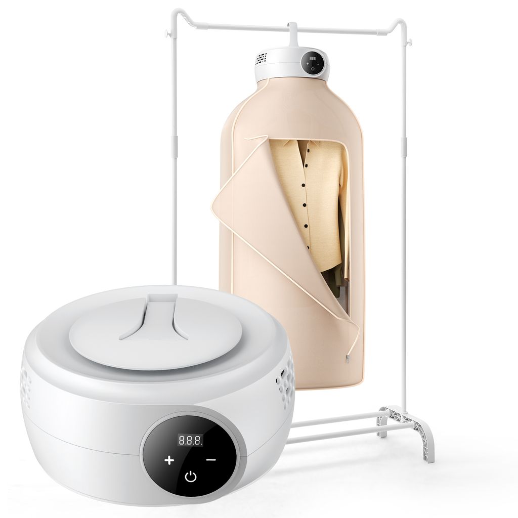 A portable clothes dryer with a drying bag and a separate dryer unit.