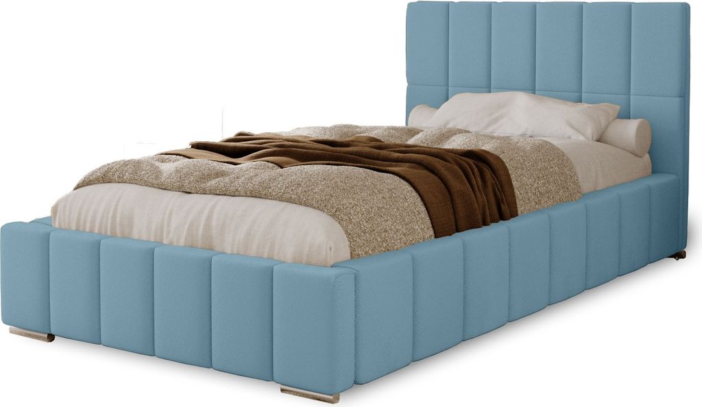 Polsterbett Alma 100x200 cm, Bett mit Kopfteil, Doppelbett mit Bettkasten und Lattenrost aus Holz, Velourstoff: Hellblau