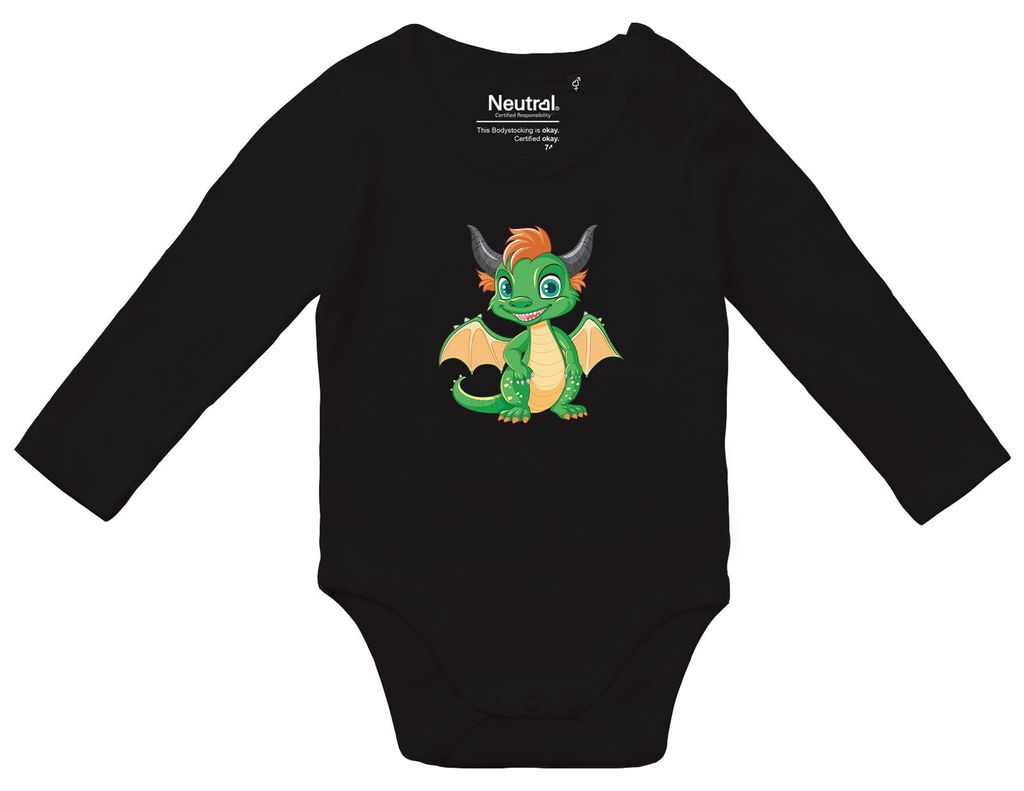 Huuraa Baby Body Drache Fabelwesen 80 Black Baumwolle Fairtrade Langarmbody Geschenkidee