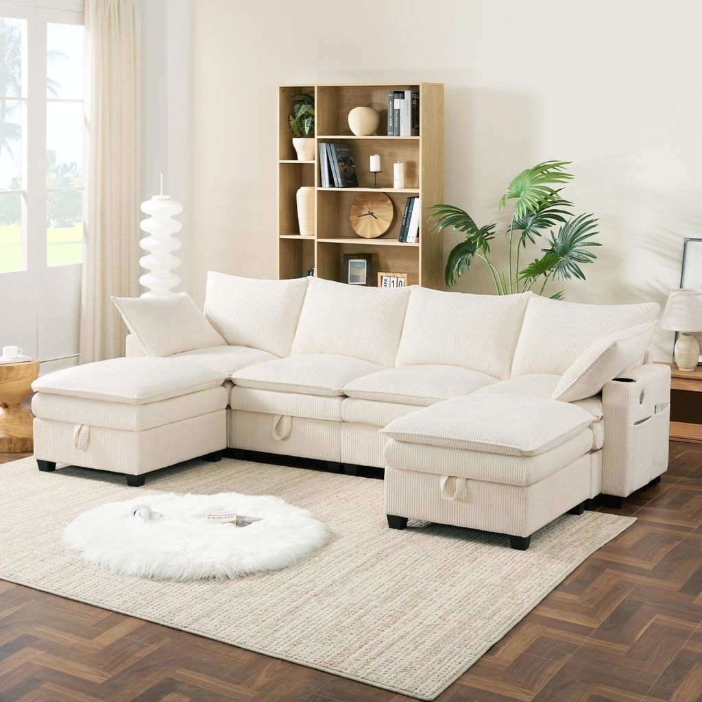 okwish Klassische Sofas Loungesofa mit L/U-förmige Kombinationsdesign,Schlafsofa Ecksofa mit Integrierte Dual-USB Ladeanschlüsse und Getränkehal...