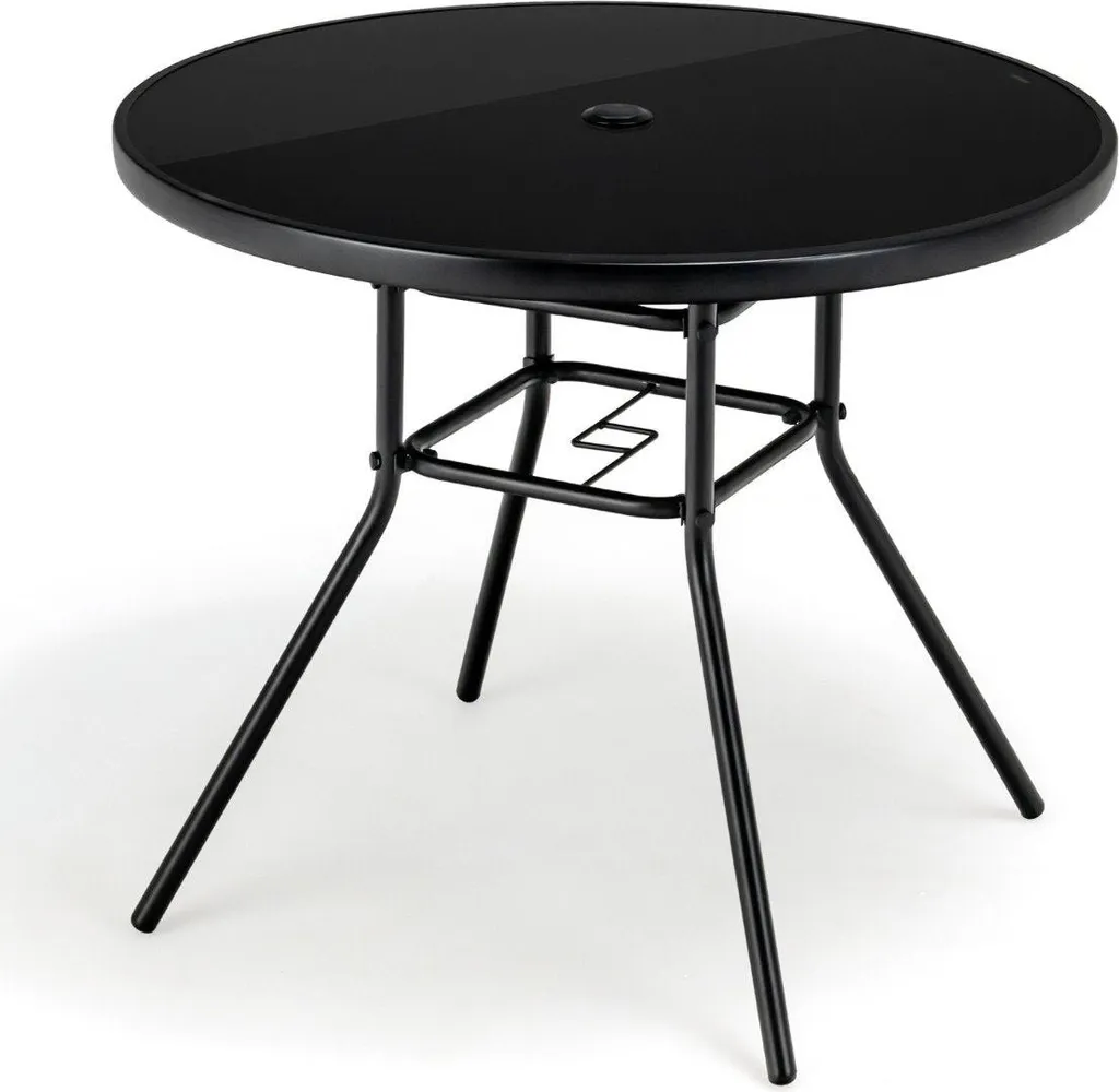 Table de jardin stable en verre noir 86 cm avec support parasol intégré