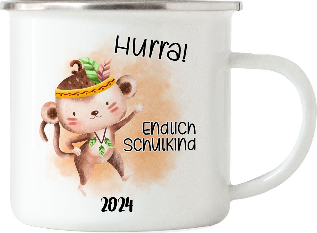 Endlich Schulkind 2024 Affe Emaille Tasse Schuleinführung Sohn Tochter Geschenk Schulanfang Erstklässler