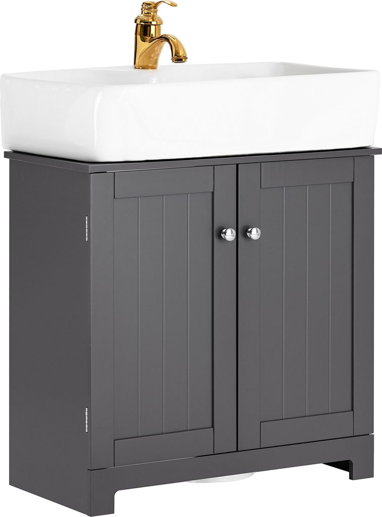 A bathroom vanity cabinet with a sink and faucet.