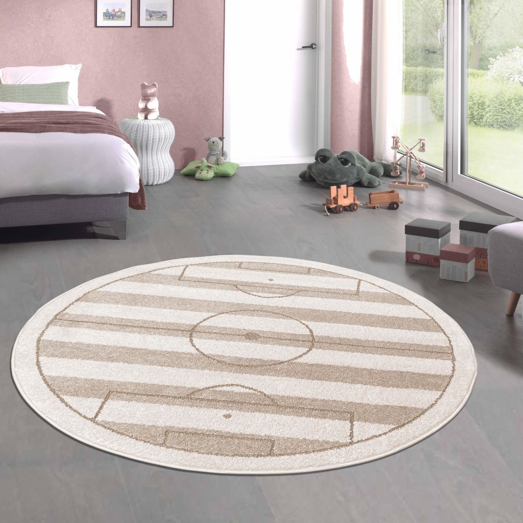 Spielerischer Kinderteppich weich robust gestreiftes Fussballfeld in creme beige Größe - 160 cm Rund
