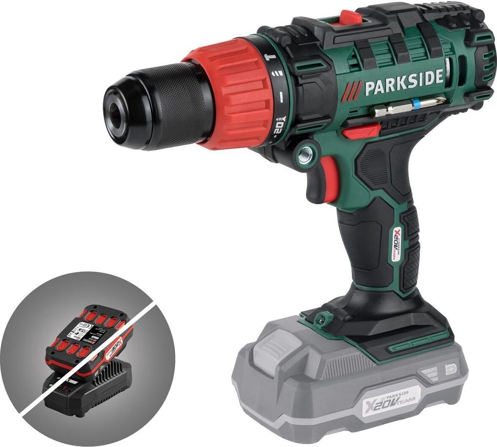 A cordless impact drill with a battery and charger shown separately.