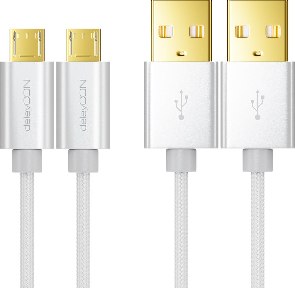 deleyCON Micro USB Kabel Set 2x 1m Nylon + Metallstecker - Ladekabel Datenkabel Schnellladekabel - Smartphone Tablet Laptop Notebook - Grau