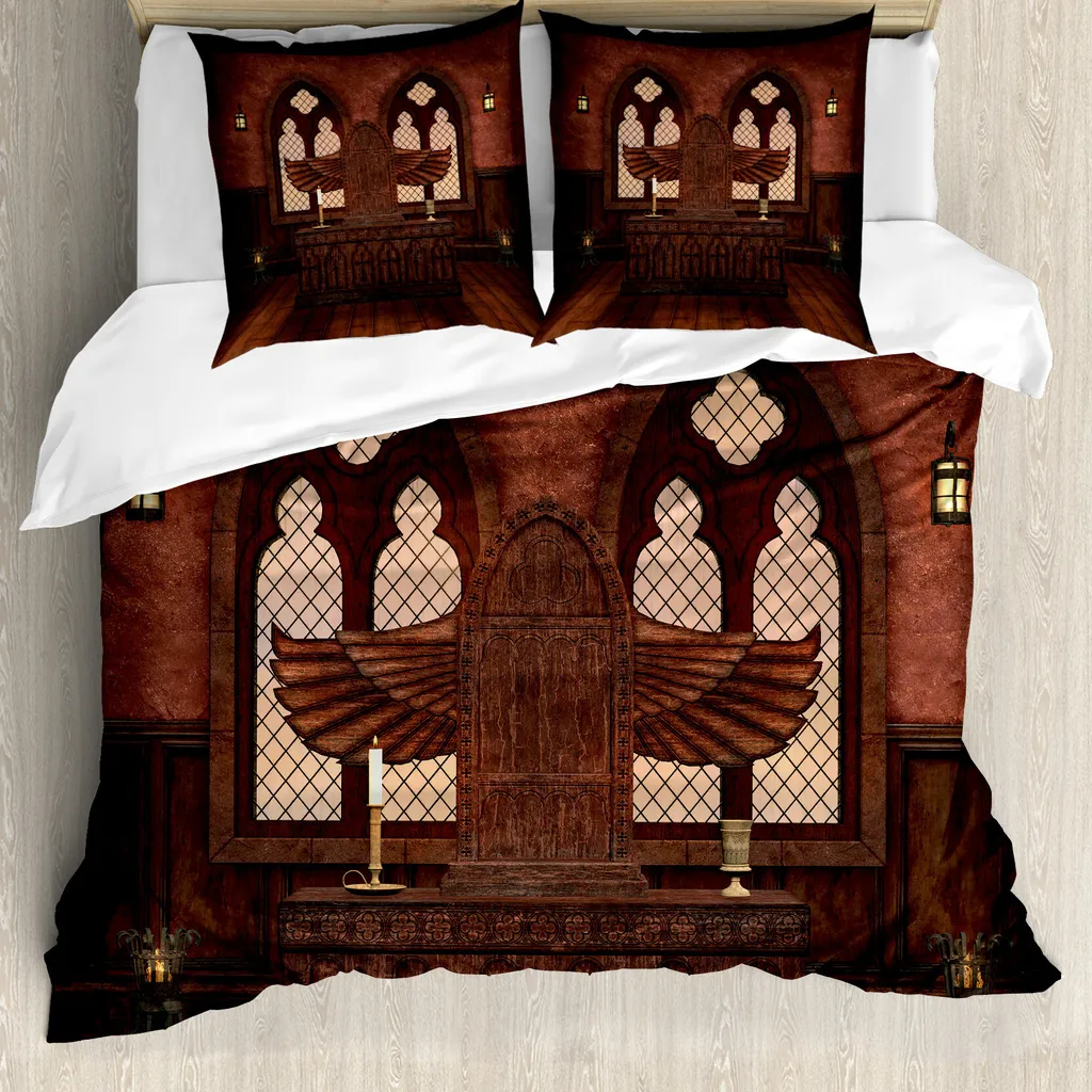 ABAKUHAUS Copripiumino gotico, edificio tradizionale, antiacaro, adatto a chi soffre di allergie, con federe, 155 cm x 220 cm - 80 x 80 cm, marrone