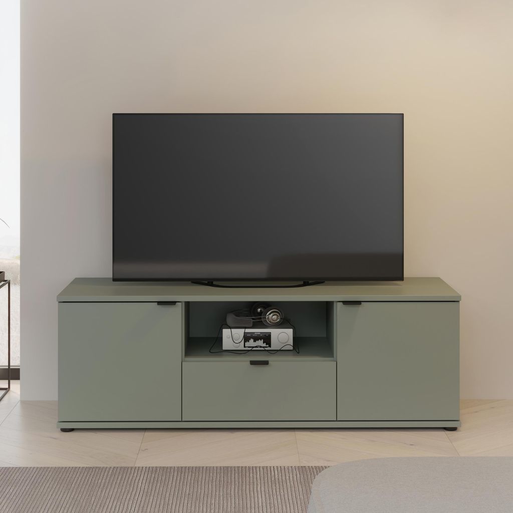 Forte GANYMEDE TV-Schrank 130, minimalistisches Lowboard, 2-türig, 1 Schublade, offenes Fach, Holzwerkstoff, Wohnzimmer, Salbei, 129,8 cm breit x ...