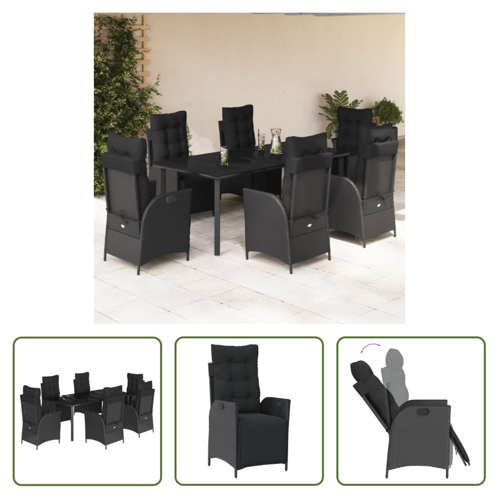 The Living Store 7-tlg. Garten-Essgruppe mit Kissen Schwarz Poly Rattan