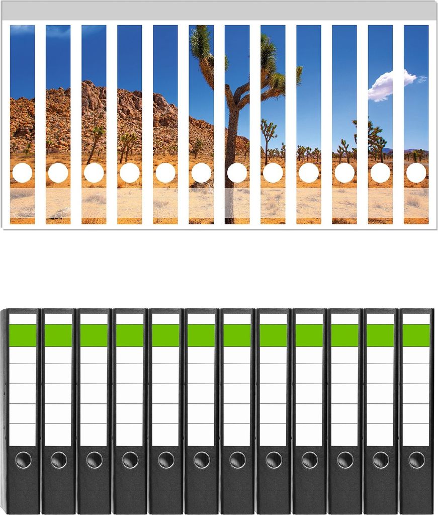 Wallario 12 Stück schmale Ordner inkl. Klebeetiketten mit Motive Palmlilie im Nationalpark Yucca Valley Wüstenlandschaft - Set mit Rückenschilde...