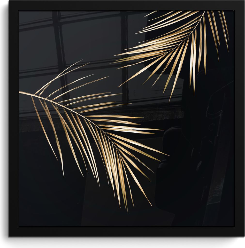 MuchoWow MuchoWow Gerahmtes Poster Blätter - Pflanzen - Gold - Schwarz - Luxus 40x40 cm - Poster mit zchwarzem Bilderrahmen - Mit Rahmen - Wan...