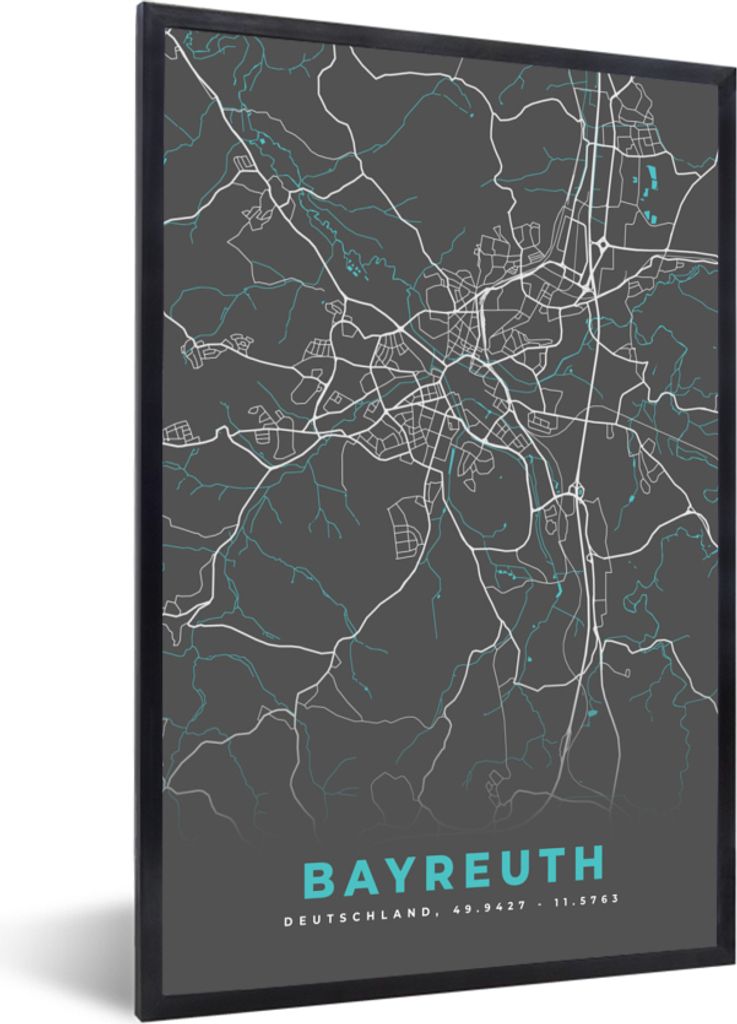 MuchoWow Gerahmtes Poster Deutschland - Blau - Bayreuth - Stadtplan - Karte 40x60 cm - Poster mit Schwarzem Bilderrahmen Wandposter Rahmen Foto B...