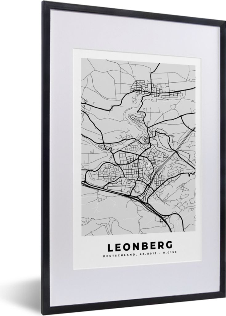 MuchoWow Gerahmtes Poster Karte - Deutschland - Leonberg - Stadtplan 40x60 cm - Poster mit Schwarzem Bilderrahmen Wandposter Rahmen Foto Bilder -...