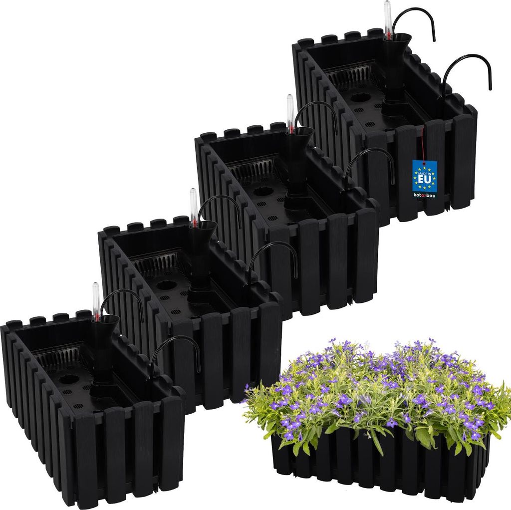 KOTARBAU 4er Set Blumenkasten Balkon Blumentopf Selbstbewässernd 38x18x16cm Anthrazit Kunststoff Blumentopf Balkongeländer Bewässerungssystem ...