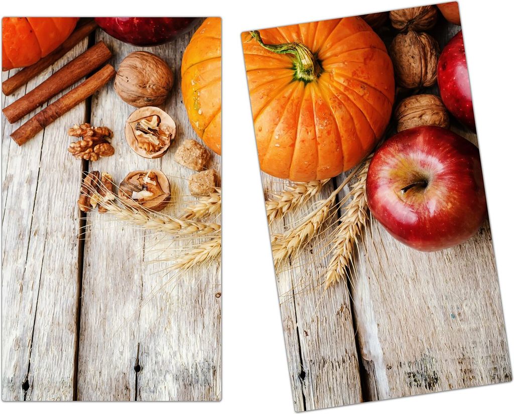 Spritzschutz Herdabdeckplatte Schneidebrett aus Glas Kürbiss und Apfel 2-Teilig (60x52cm)