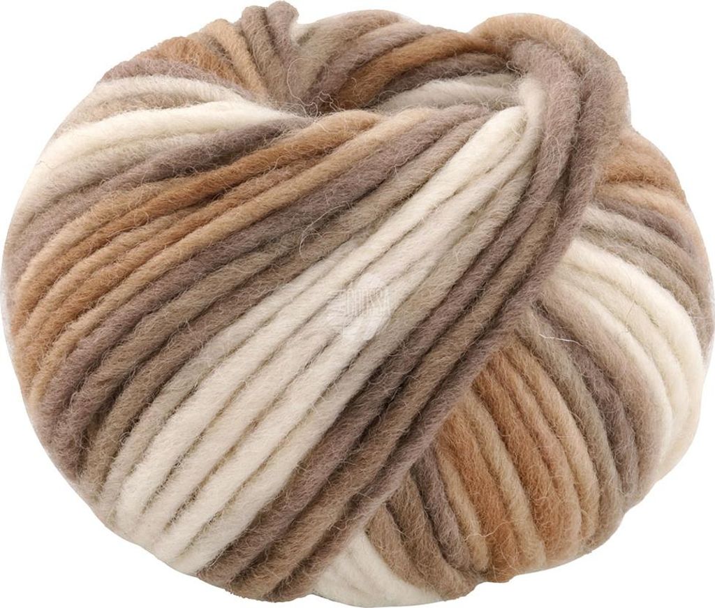 A ball of thick, multi-colored yarn in shades of beige, brown, and cream.
