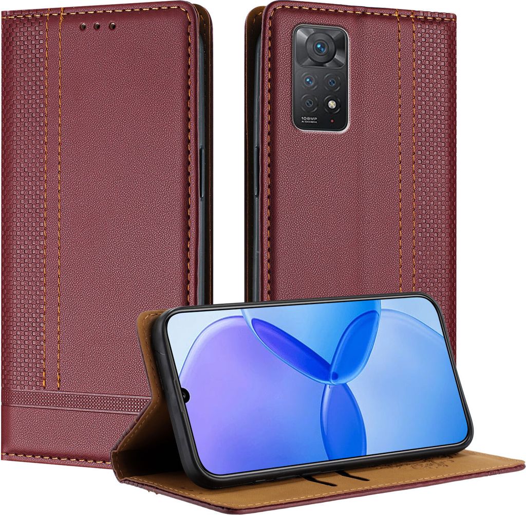 Handyhülle für Xiaomi Redmi Note 11 Pro/Note 11 Pro+ 5G/Note 12 Pro 4G Leder Flip Klappbare Schutzhülle mit Standfunktion Dunkelrot