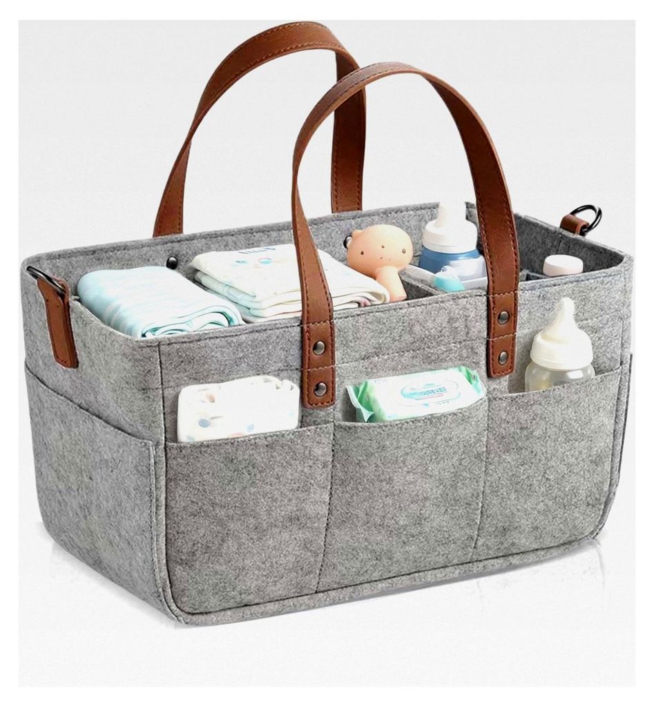 Wickelkorb für Babys, 33*18*17cm, Tragbarer Organizer für Wickeltisch, Faltbare Filztasche mit Fächern für Feuchttücher und Babyartikel, Gesch...
