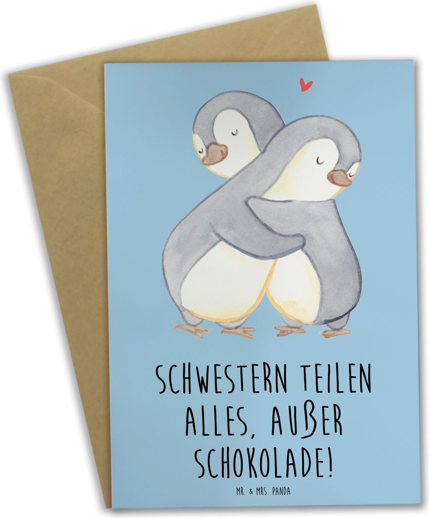 Mr. & Mrs. Panda Grußkarte Schwestern Liebe - Blau Pastell - Geschenk, Schokolade, Teilen, Schwester, osterkarten, einladungskarten, Familienleben...