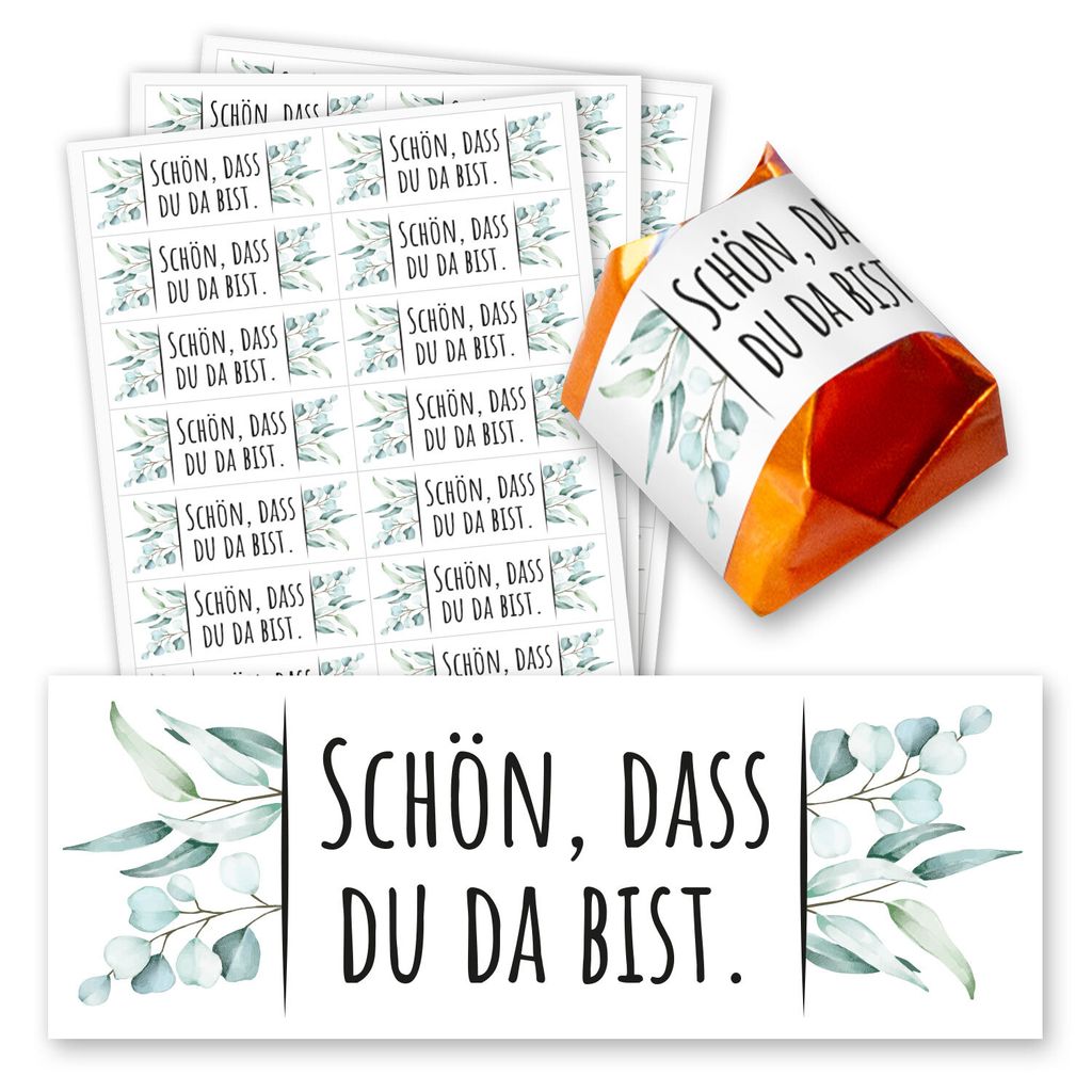 younikat Schön, dass du da bist Aufkleber-Set I 60 Stück I Gastgeschenk passend für Küsschen Pralinen I Eukalyptus I Rechteckig I Gastgeschenk-...