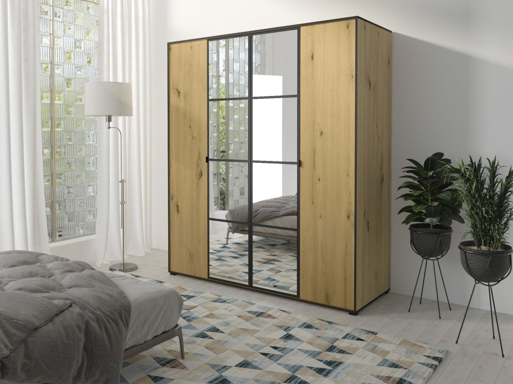 Krudox OSL Kleiderschrank Eiche Schwarz 180x206x65 cm Schiebetürenschrank mit Spiegel Kleiderstange Schlafzimmer