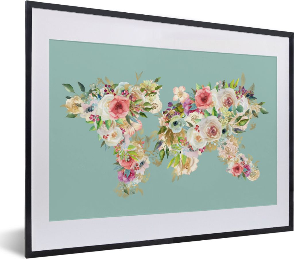 MuchoWow Gerahmtes Poster Karte - Welt - Blumen - Pflanzen 40x30 cm - Poster mit Schwarzem Bilderrahmen Wandposter Rahmen Foto Bilder - Bilderrah...