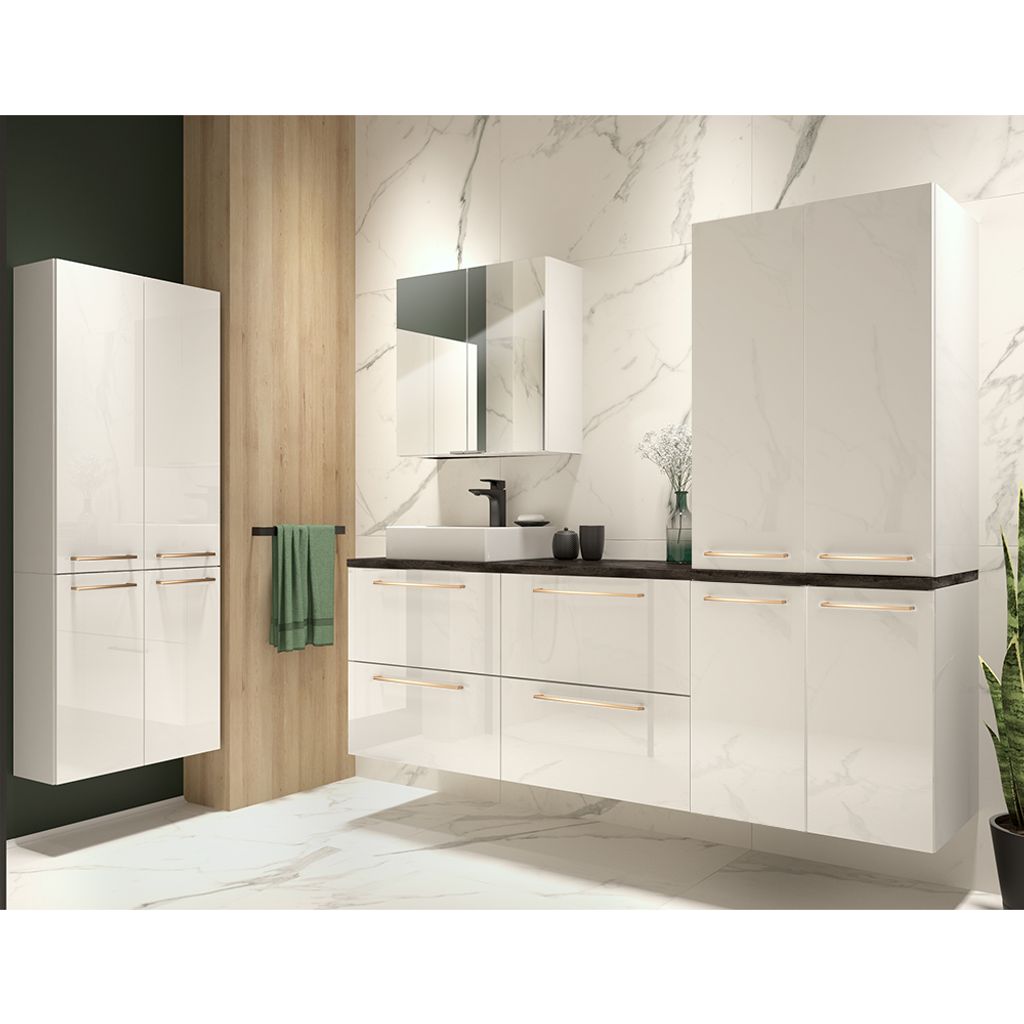 Badezimmer Möbel Set in weiß Hochglanz mit Metallgriffen in kupfer und Beton Dunkel MESSINA-107