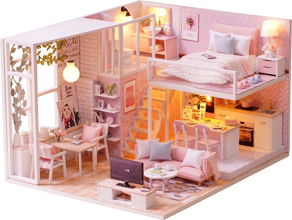 DIY Miniatur Loft Dollhouse Kit Realistische Mini 3D Rosa Holzhaus Zimmer Spielzeug mit Moebel LED-Leuchten Weihnachten Kindertag Geburtstagsgeschenk