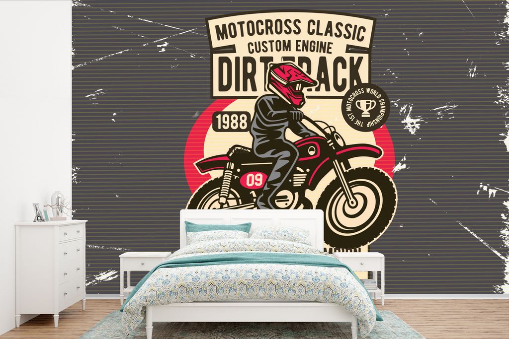 MuchoWow Fototapete für Wohnzimmer oder Schlafzimmer Wandtapete Vinyl Motivtapete Motorrad - Helm - Retro - Zeichnung - 390x260 cm - Papiertapete