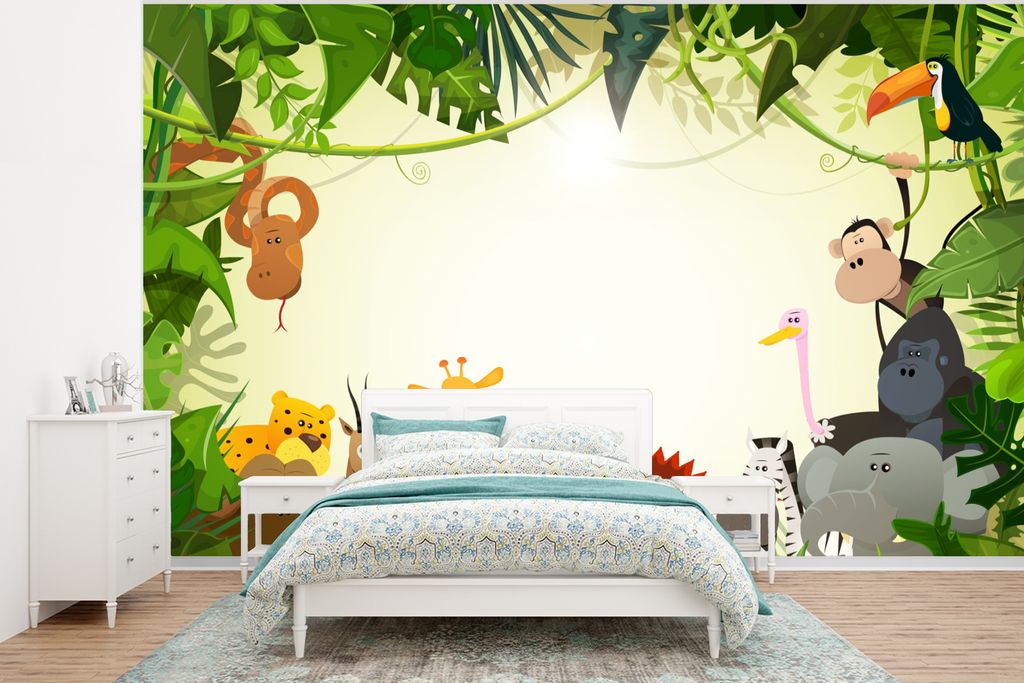 MuchoWow Fototapete für Wohnzimmer oder Schlafzimmer Wandtapete Vinyl Motivtapete Dschungel - Tiere - Schlange - Elefant - Jungen - Mädchen - K...