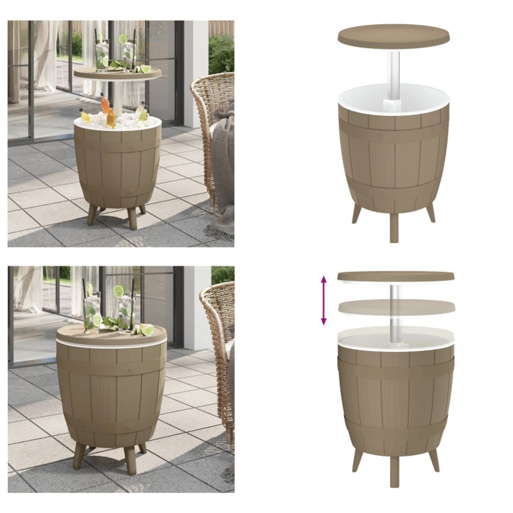 vidaXL 3 in 1 Tisch mit Eiskühler Hellbraun Polypropylen - Tisch Mit Eiskühler - Tische Mit Eiskühler - Tisch Mit Kühlfunktion - Tisch Mit Getr...