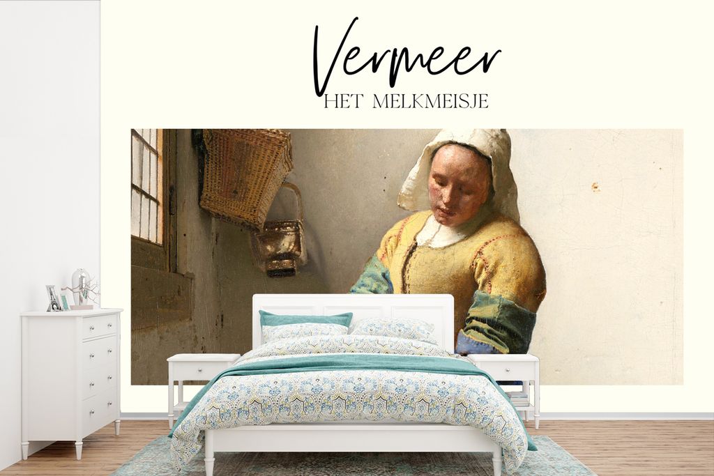 MuchoWow Fototapete für Wohnzimmer oder Schlafzimmer Wandtapete Vinyl Motivtapete Milchmädchen - Vermeer - Alte Meister - 450x300 cm - Gemusterte