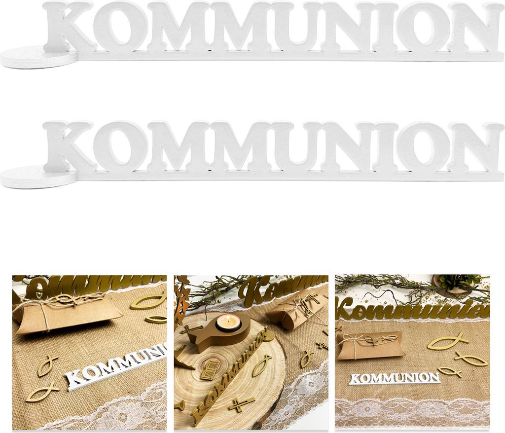 Oblique Unique Schriftzug Kommunion aus Holz 2er Set als Tischdeko für Kommunion Deko Dekoration Junge Mädchen - weiß