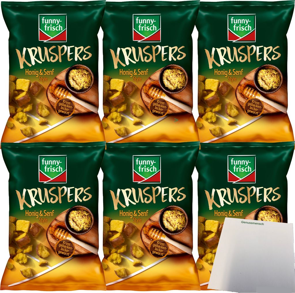 funny frisch Kruspers Honig und Senf Weizenkräcker 6er Pack (6x120g Tüte) + usy Block