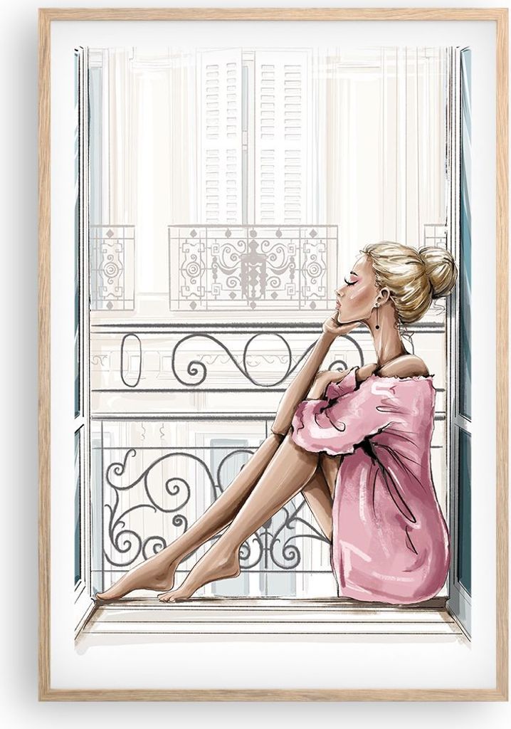 Gerahmtes Poster - Rahmen in heller Eiche - Frau Balkon Fenster - 61x91,5 cm - Wand Bild - Wanddeko - Wandbilder - Kunstposter - Wandposter - Bilde...