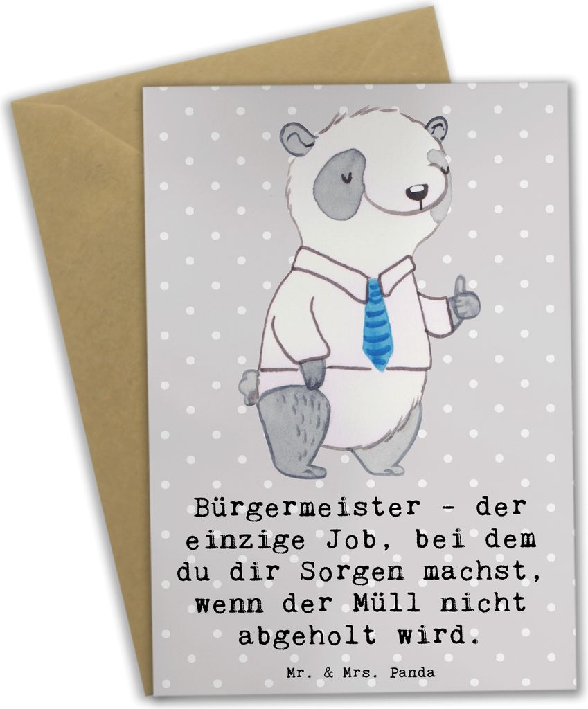 Mr. & Mrs. Panda Grußkarte Bürgermeister Job - Grau Pastell - Geschenk, Amtsleiter, öffentliche Verwaltung, Humor, Stadtentwicklung, Grußkarten...